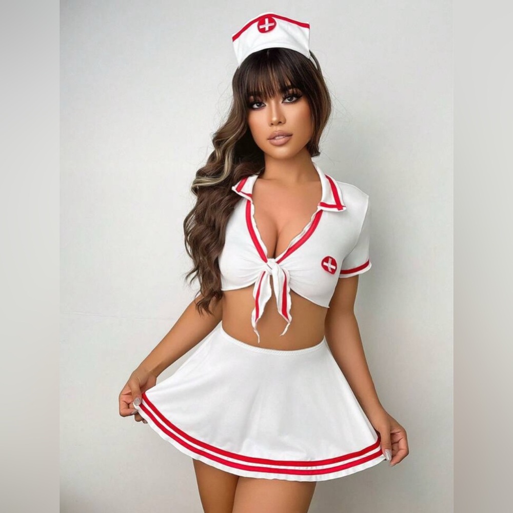 White and Red Nurse Costume 3 Piece Set